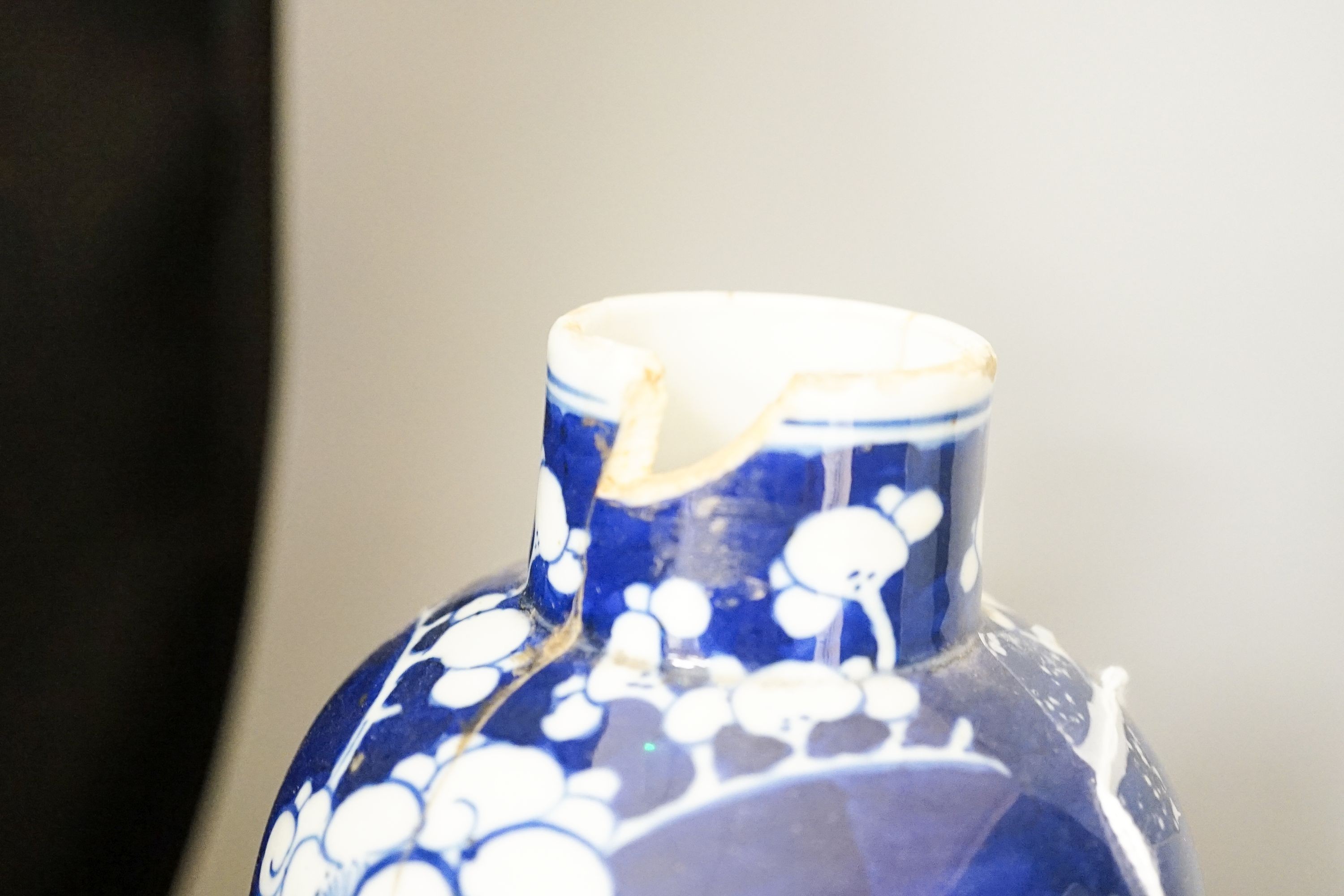 Two Chinese blue and white vases and a slender crackle glaze vase, Qing and later 30cm